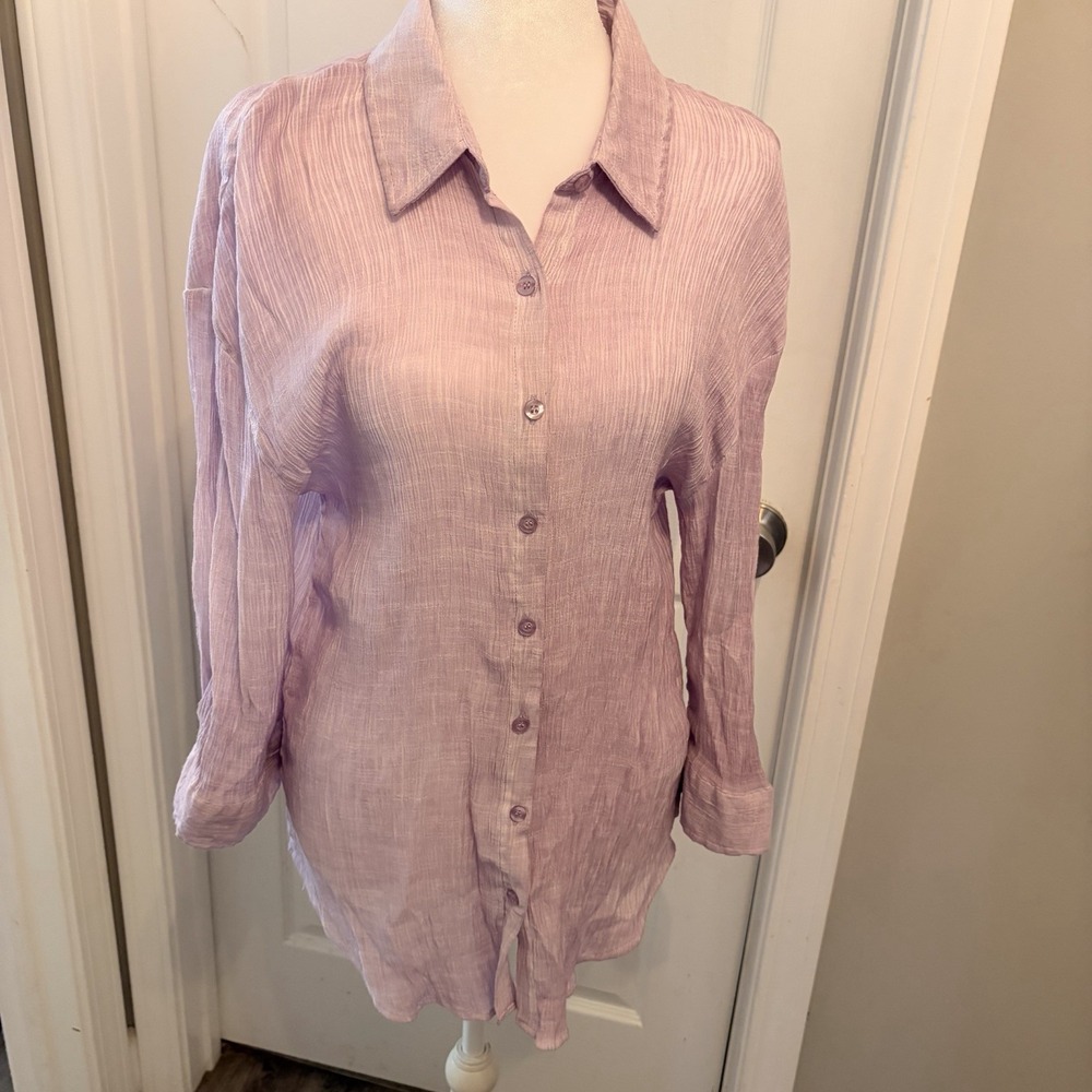 Cupio Lavender Button Down Crinkle Gauze Tunic Shirt XL Lagenlook Effortless EUC